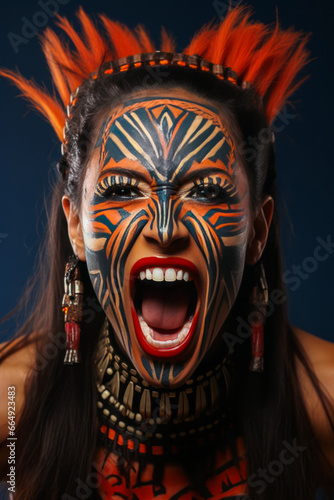 Woman in warrior outfit with tribal face paint expressing fury.