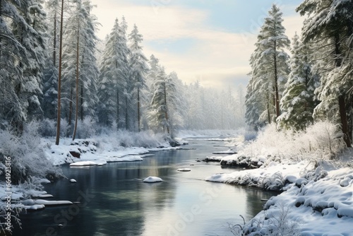 Summit covered in snow, calm river, thick forest of pines. Generative AI © George