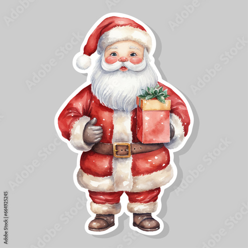 Vector Cute Funny Smiling Santa Claus watercolor, sticker isolated on white. Design Template for Holiday Merry Christmas and Happy New Year Greeting Cards, Stickers, Banners 