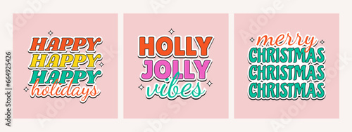 Retro groovy Christmas sticker collection in flat cartoon style. Xmas hippie poster, greeting card. Vector illustration