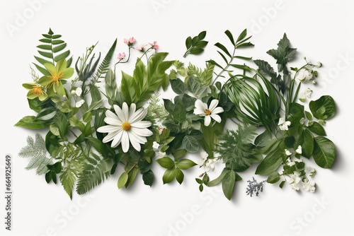 assortment of leaves and flowers on white background. variety of fresh herbs. Generative AI