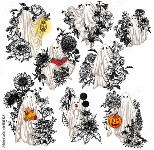 Vector set of 8 different ghosts in flowers in engraving style. Ghost with a book, with a lamp, with a bouquet, with a candy, with halloween pumpkin, ghost cat