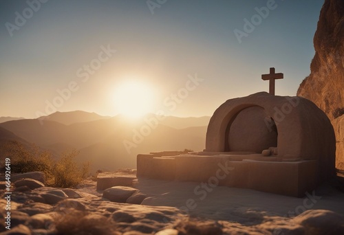 Empty tomb of Jesus Christ at sunrise resurrection