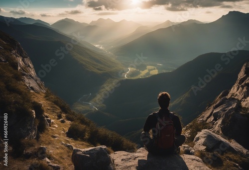 Hiker at the summit of a mountain overlooking a stunning view Apex silhouette cliffs and valley © ArtisticLens