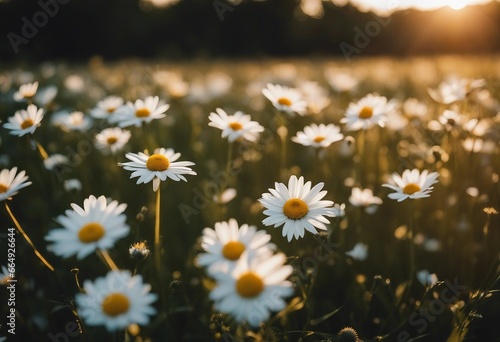 The landscape of white daisy blooms in a field with the focus on the setting sun The grassy meadow 