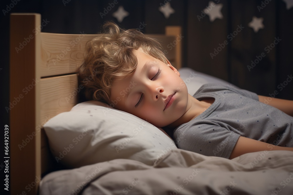 A happy kid, baby boy peacefully sleeps radiating innocence and joy. The soft smile on his tiny face reflects the love and tenderness surrounding him. Cozy sleeping. Peaceful dreams. Comfortable bed.
