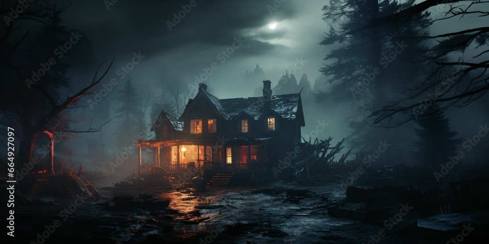 Scary House in the Forest with Spooky Trees. Horror Background Scary House in the Forest with Spooky Trees. Horror Background