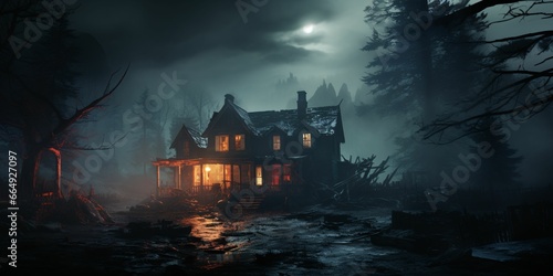 Scary House in the Forest with Spooky Trees. Horror Background