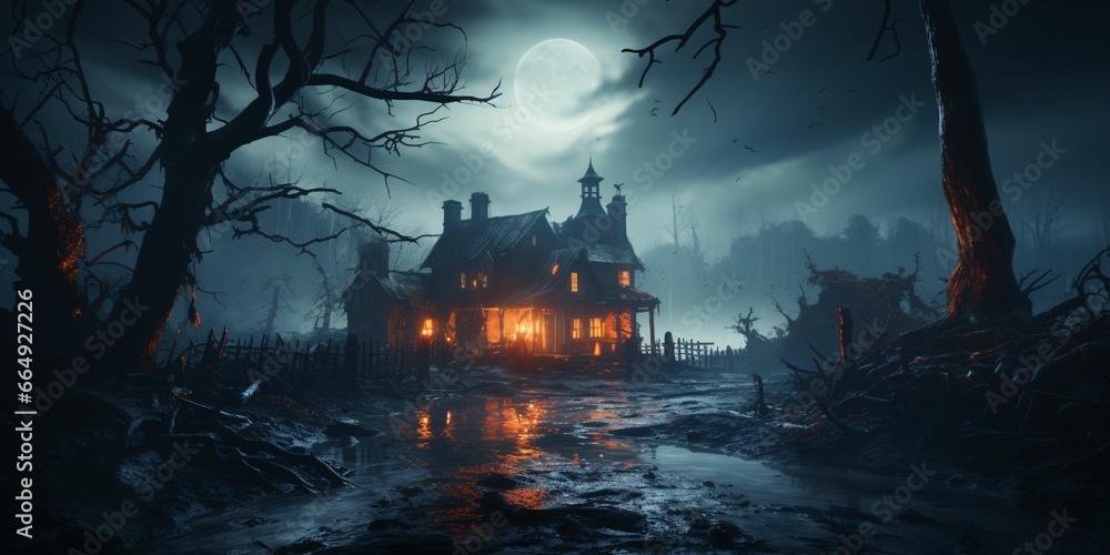 Scary House in the Forest with Spooky Trees. Horror Background