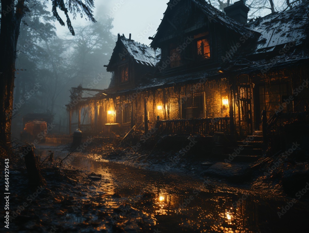 Fototapeta premium Scary House in the Forest with Spooky Trees. Horror Background