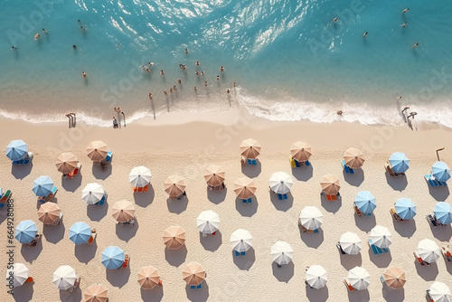 Aerial top view shot of beach umbrellas and people swimming in the sea. people on hot sunny day. People relax, sunbathe and swim in the sea. Ocean beach with people coastline view. Generative AI