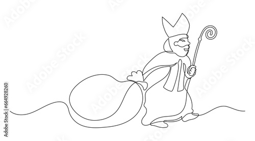 Saint Nicholas Day. St. Nicolas carries a bag of gifts. Continuous line drawing.