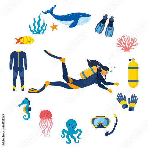 Diving and underwater world, set of elements. Diver with aqualung oxygen cylinders and flippers, mask, tube, marine life elements. Starfish, octopus, jellyfish, corals, algae. Vector illustration.