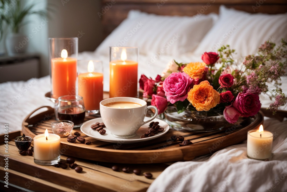 Romantic breakfast in bed with coffee, rose flowers, candles and coffee beans