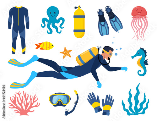 Diving and underwater world, set of elements. Diver with aqualung oxygen cylinders and flippers, mask, tube, marine life elements. Starfish, octopus, jellyfish, corals, algae. Vector illustration.