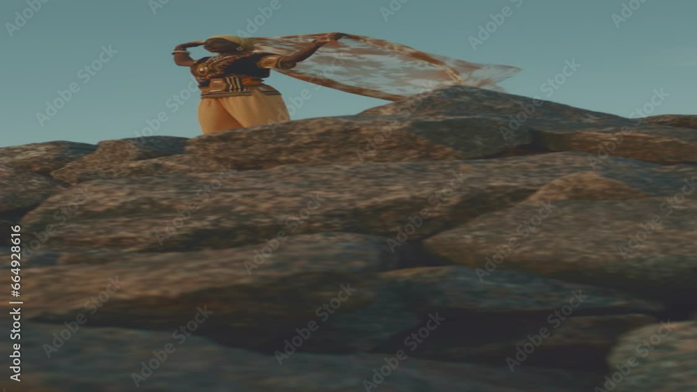Vertical low angle full length show of African American woman holding flowing chiffon scarf with traditional African American ornate behind her head and looking at sunset sky, standing on beach stones Vertical low angle full length show of African American woman holding flowing chiffon scarf with traditional African American ornate behind her head and looking at sunset sky, standing on beach stones
