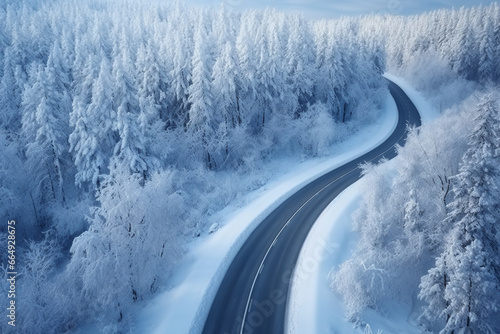 Aerial drone view of a curved winding road through the forest up in the mountains in the winter with snow covered trees and curved streets in winter. Generative AI © Dmytro