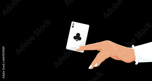 Playing poker card in woman hand. Clubs ace. Gambling in royal casino, lucky entertainment, play blackjack game. Concept of winner, jackpot. Dark background. Vector illustration