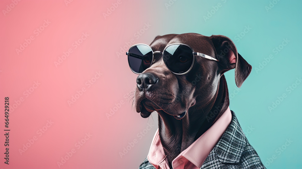 Cane corso dog wearing sunglasses, tie and costume on a pastel background 