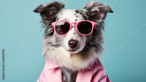 Aussie dog wearing sunglasses, tie and costume on a pastel background  © reddish