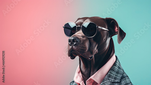 Cane corso dog wearing sunglasses, tie and costume on a pastel background  photo