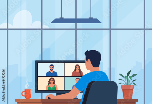 Worker using computer for collective virtual meeting, group video conference. Man chatting online. Workplace with modern interior, panoramic windows, cityscape behind. Vector illustration.