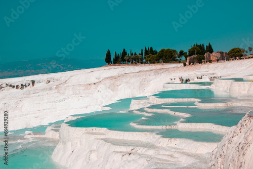 Turquoise pools in travertine terraces at Pamukkale, Turkey