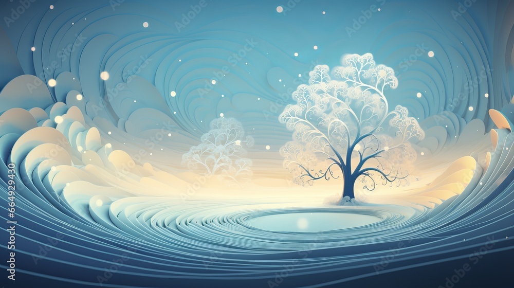 Lone winter tree with bare branches basks in soft luminous light amidst the snowy landscape, symbolizes tranquil beauty of winter and eternal cycle of seasons, dreamlike winter landscape