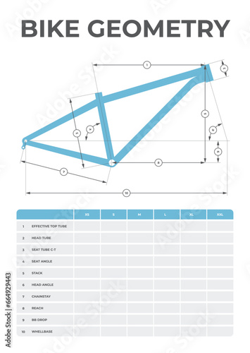 Vector drawing of mountain bike geometry with table description of individual dimensions. Isolated on white background