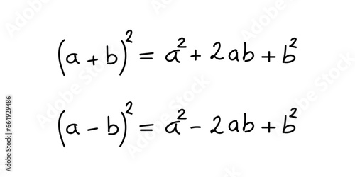 Remarkable identities. Algebraic expression formula. Square formulas. Mathematics resources for teachers and students. Vector illustration. Scientific doodle handwriting concept.