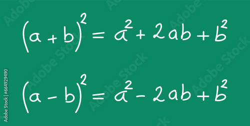 Remarkable identities. Algebraic expression formula. Square formulas. Mathematics resources for teachers and students. Vector illustration. Scientific doodle handwriting concept.