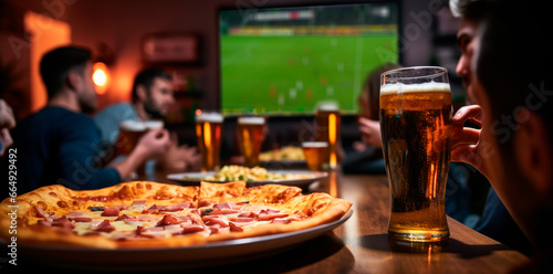 Savoring the Game. Pizza Lovers Enjoying a Bite in a Restaurant with Soccer on TV. AI Generative Scene  