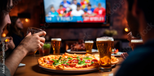 Pizza, Sports, and Friendship: Friends Savoring the Game on TV with Delicious Bites, Creating a Fun and Exciting Gathering photo