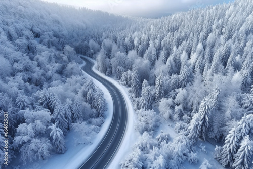 Aerial drone view of a curved winding road through the forest up in the mountains in the winter with snow covered trees and curved streets in winter. Generative AI © Dmytro