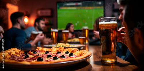 Fotobehang Pizza, Soccer, and Friendship: Friends Savoring the Game on TV with Delicious Bi