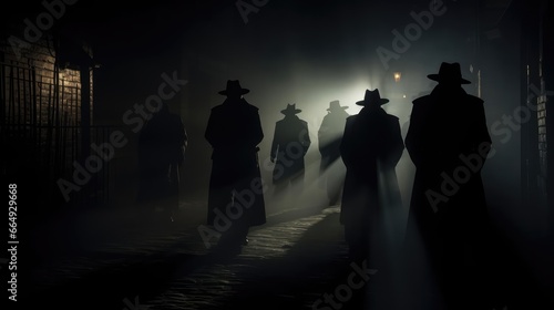 Several dark silhouettes of criminal people