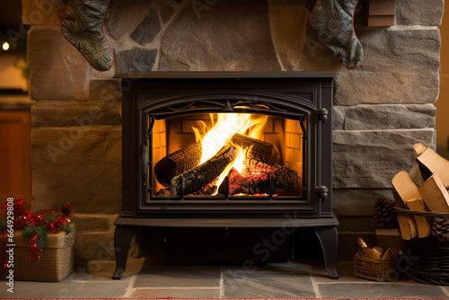 A cozy fireplace with stockings hung and a warm fire burning, illustrating the love and creation of hearth and home, love and creation with copy space