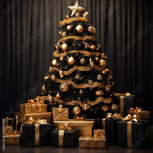 A bright brass Christmas tree sits in the center of the room, surrounded by presents.