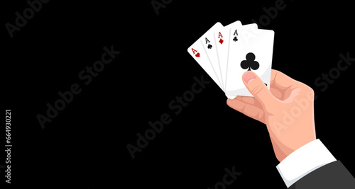 Playing poker card in man hand. Four of a kind. Clubs, hearts, wines, diamonds ace. Gambling in royal casino, lucky entertainment, play blackjack game. Dark background. Vector illustration