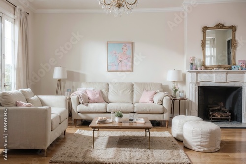 Interior mockup with picture frame on a Wall. Living room in pastel colors with sofa and painting on a wall 