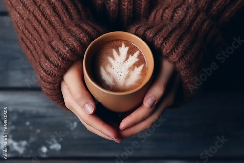 A pair of mittened hands holding a steaming cup of cocoa, love and creativity with copy space