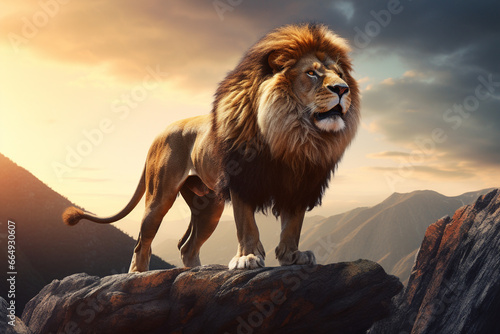 Male lion standing on the rock with mountains background.