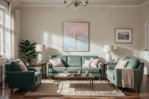 Interior mockup with picture frame on a Wall. Living room in pastel colors with sofa and painting on a wall 