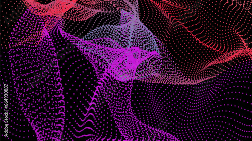 Energy net flows. Dot particle lines penetrating fog. Neon lights plexus of knots. Curved node row space infinity. Linking funnel universe parameters. Background information technology presentation.