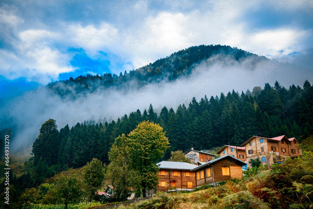 Ayder Plateau in Camlihemsin, Rize. Ayder Plateau is a famous plateau with wooden chalets.