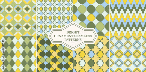 Collection of seamless colorful geometric ornament patterns. Bright mosaic vintage backgrounds. Decorative symmetry prints