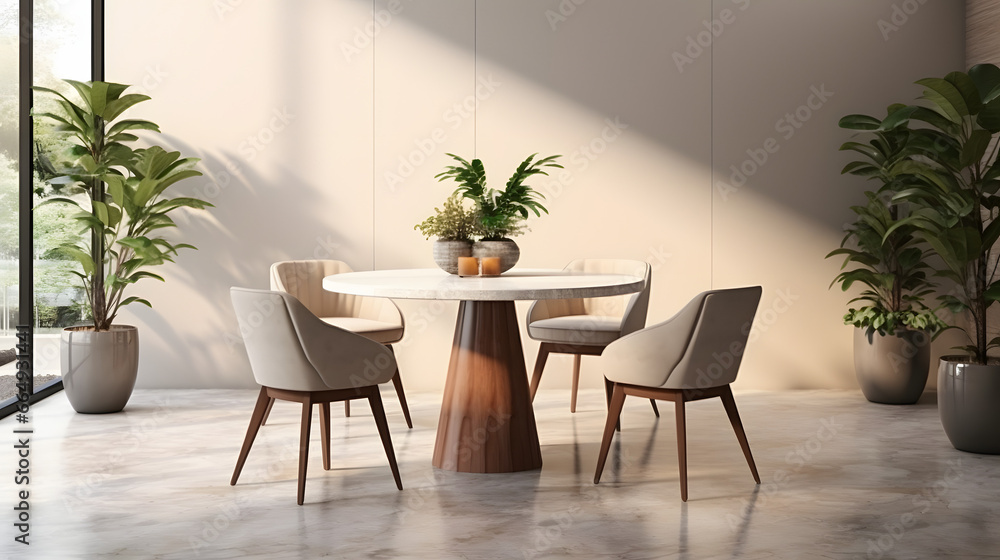 Interior design with marble round table and chairs. Modern dining room with beige wall. Cafe, bar or restaurant interior design. Home interior Interior design with marble round table and chairs. Modern dining room with beige wall. Cafe, bar or restaurant interior design. Home interior