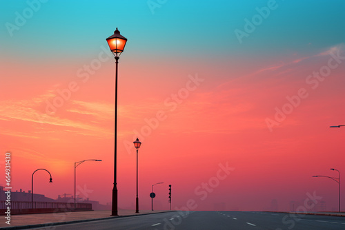 A captivating photograph of a light pole standing tall against the backdrop of a vivid sunset. 