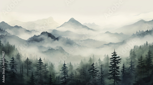 Misty morning view of a mountain range.  © reddish
