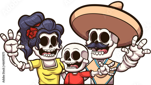Cartoon Mexican Skeleton Family. Vector illustration with simple gradients. © TheMaskedTooner